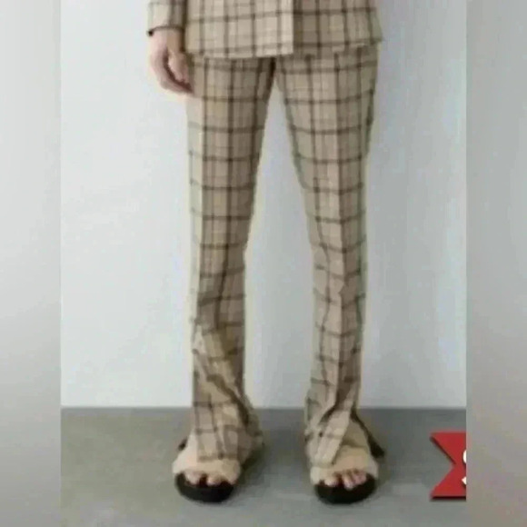 Zara Tartan Plaid Womens Tan‎ Check Trousers Side Vents Leg Slit size 5 Academia - Picture 1 of 7